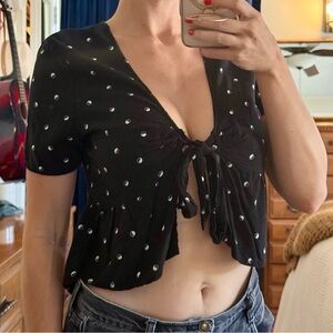 Kendall & Kylie Black Tie-Front Blouse with White Dots
